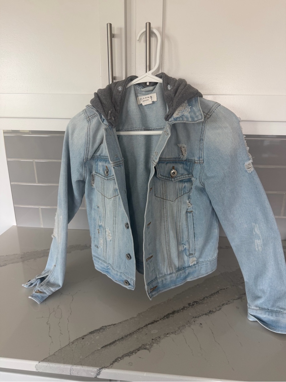 Ci Sono Light Blue Distressed Denim Jacket with Dark Gray Hood